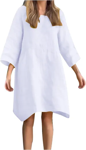 Cotton Linen Midi Dress for Women Casual 3/4 Sleeve Crew Neck Shift Dress Knee Length Loose Solid Dresses Plus Size