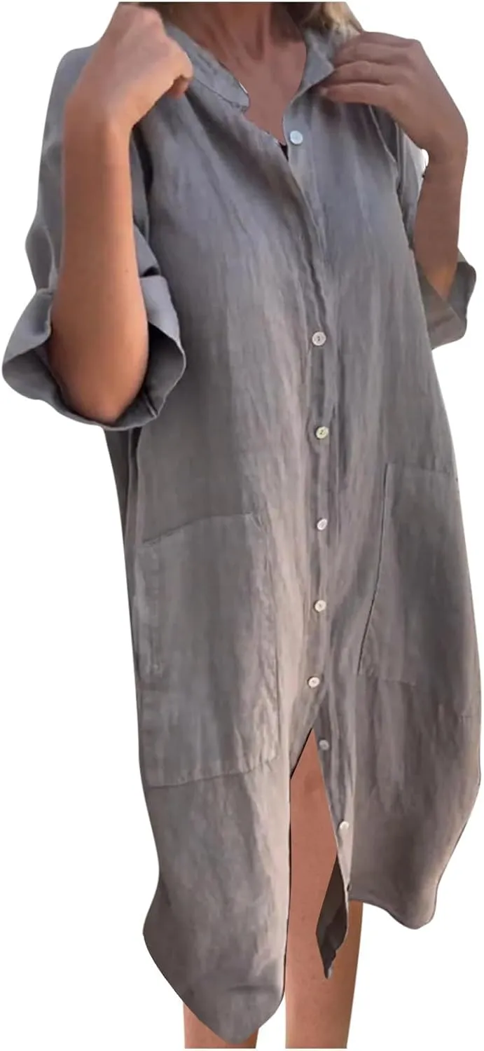 Cotton Linen Shirt Dress for Women Summer Button-Down Blouse Tops Flowy Loose A-Line Midi Dress Tunic Dress Plus Size