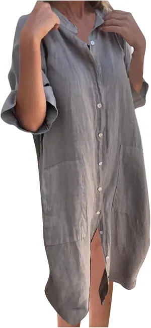 Cotton Linen Shirt Dress for Women Summer Button-Down Blouse Tops Flowy Loose A-Line Midi Dress Tunic Dress Plus Size