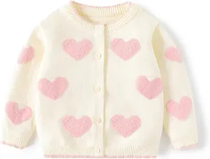 Cute Baby Girls Hearts Knit Cardigan Sweater, Toddler Loose Long Sleeve Shirts Warm Tops for Fall Winter Love Design
