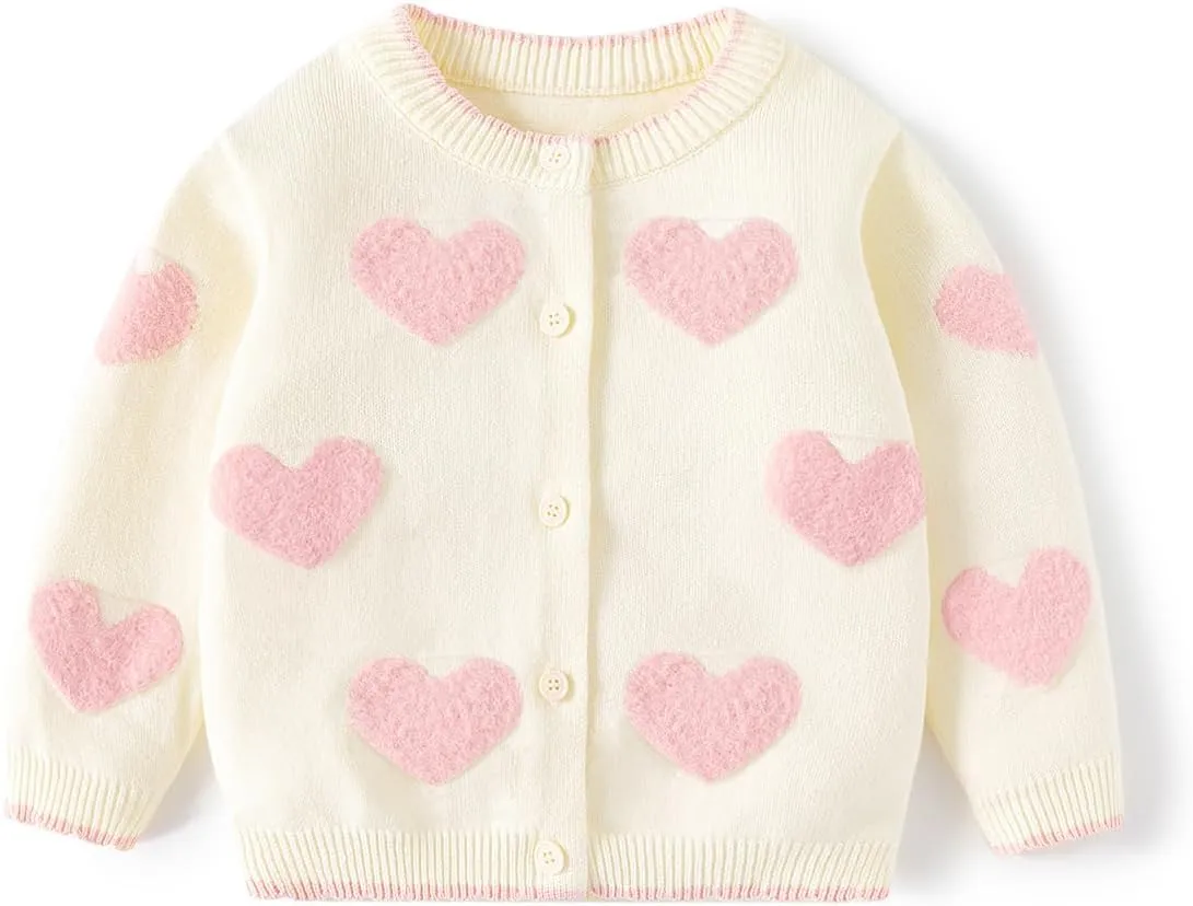 Cute Baby Girls Hearts Knit Cardigan Sweater, Toddler Loose Long Sleeve Shirts Warm Tops for Fall Winter Love Design