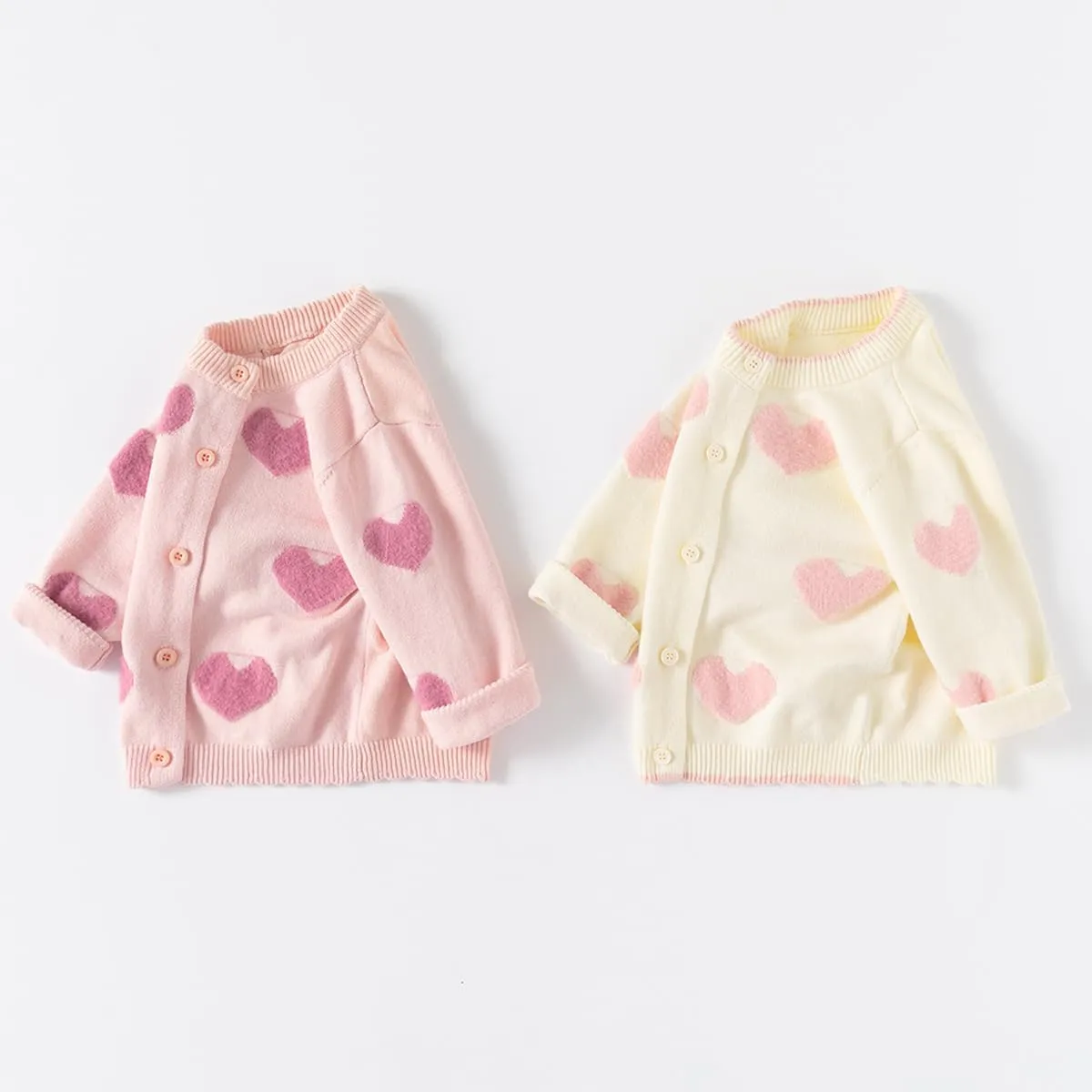 Cute Baby Girls Hearts Knit Cardigan Sweater, Toddler Loose Long Sleeve Shirts Warm Tops for Fall Winter Love Design