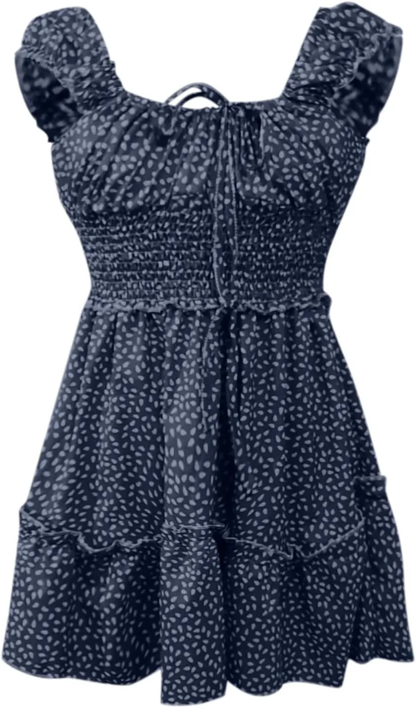 Cute Dresses for Women Ruffle Sleeve Sweetheart Neckline Printing Dress Elastic High Waist A-line Mini Sundress