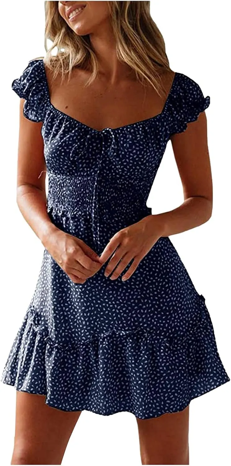 Cute Dresses for Women Ruffle Sleeve Sweetheart Neckline Printing Dress Elastic High Waist A-line Mini Sundress