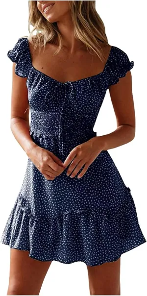 Cute Dresses for Women Ruffle Sleeve Sweetheart Neckline Printing Dress Elastic High Waist A-line Mini Sundress