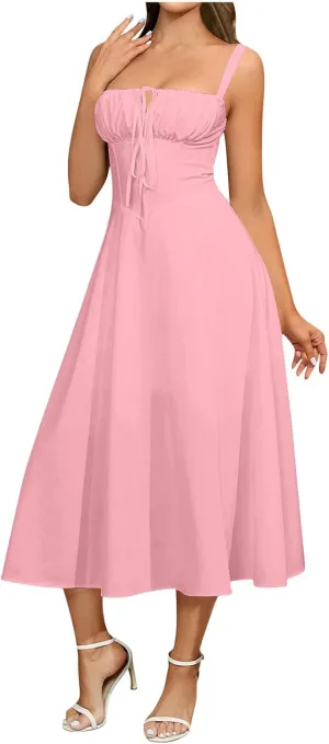 DDAPJ pyju Corset Dress for Women Summer Boho Flowy Lace Up Midi Dresses Wedding Guest Dresses A Line Beach Casual Sundress