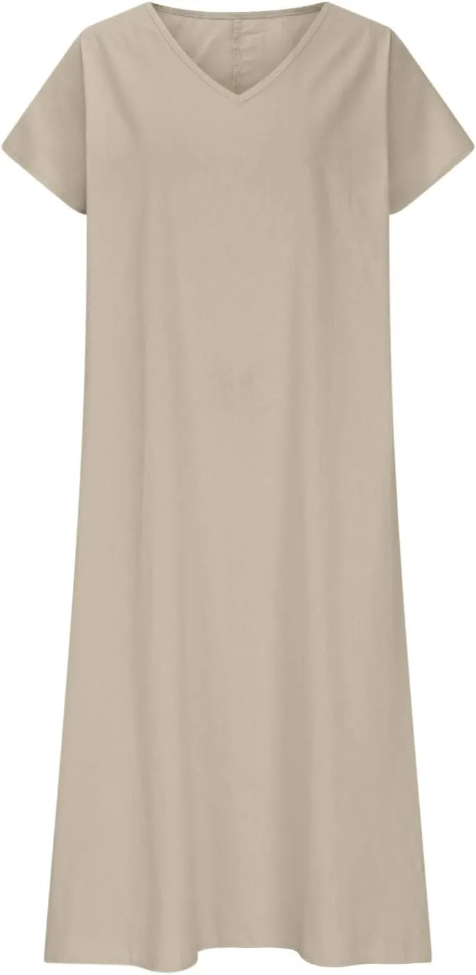DDAPJ pyju Linen Dress for Women Summer V Neck Short Sleeve Sundress Solid Color Loose Beach Vacation Casual Maxi Dresses