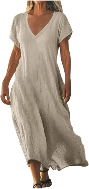DDAPJ pyju Linen Dress for Women Summer V Neck Short Sleeve Sundress Solid Color Loose Beach Vacation Casual Maxi Dresses