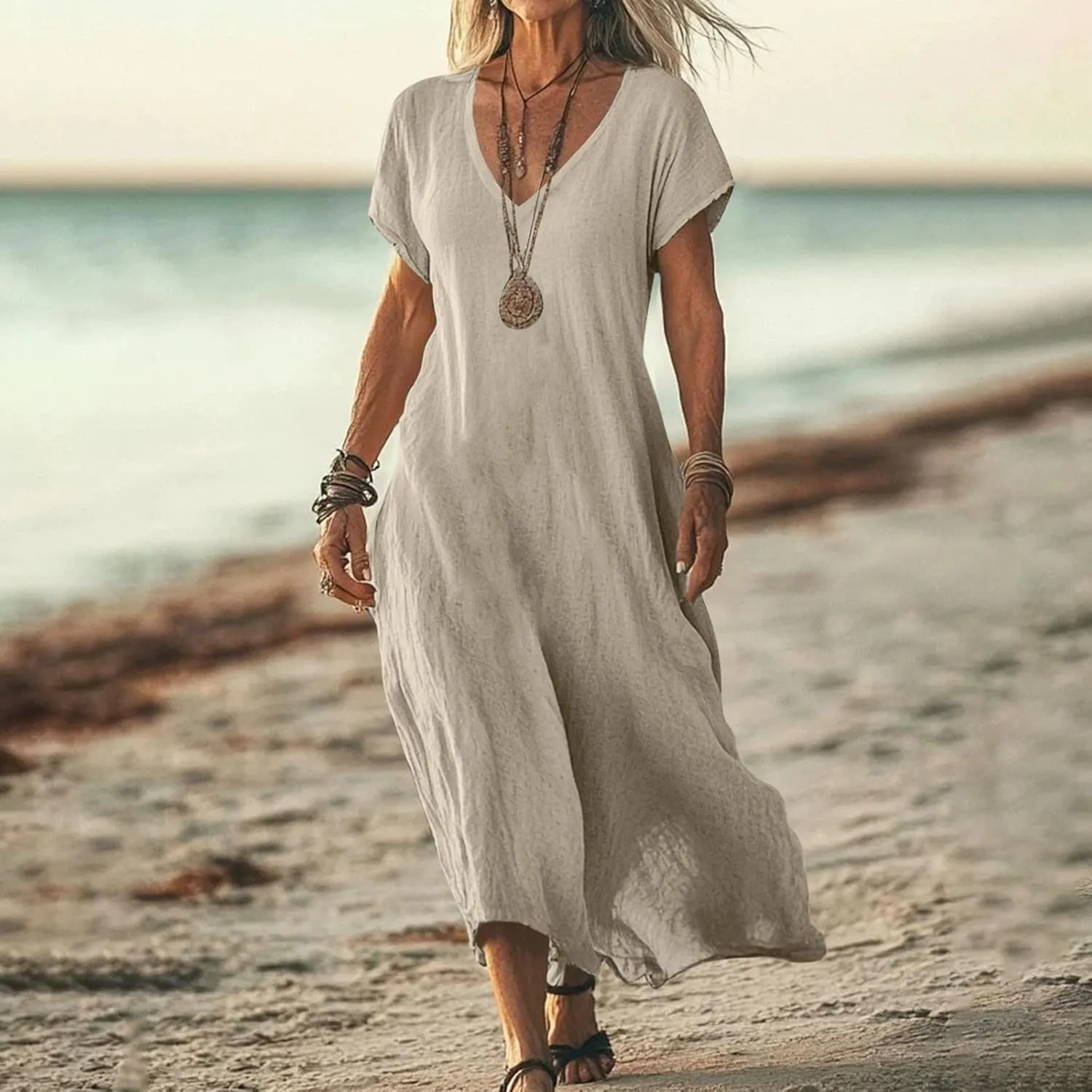 DDAPJ pyju Linen Dress for Women Summer V Neck Short Sleeve Sundress Solid Color Loose Beach Vacation Casual Maxi Dresses