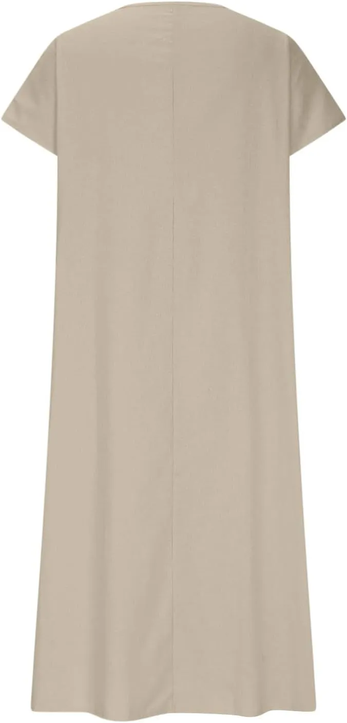 DDAPJ pyju Linen Dress for Women Summer V Neck Short Sleeve Sundress Solid Color Loose Beach Vacation Casual Maxi Dresses