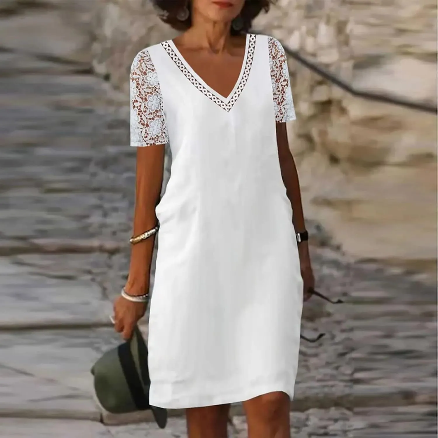 DDAPJ pyju Summer Dresses for Women Floral Lace V Neck Short Sleeve Shirt Dress Boho Beach Cotton Linen Mini Dress