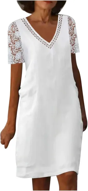 DDAPJ pyju Summer Dresses for Women Floral Lace V Neck Short Sleeve Shirt Dress Boho Beach Cotton Linen Mini Dress