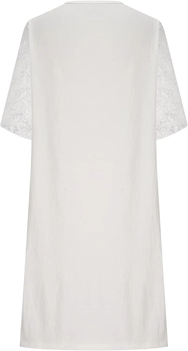DDAPJ pyju Summer Dresses for Women Floral Lace V Neck Short Sleeve Shirt Dress Boho Beach Cotton Linen Mini Dress