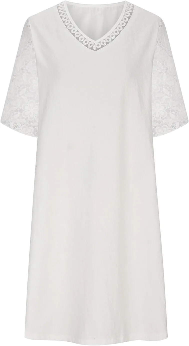 DDAPJ pyju Summer Dresses for Women Floral Lace V Neck Short Sleeve Shirt Dress Boho Beach Cotton Linen Mini Dress