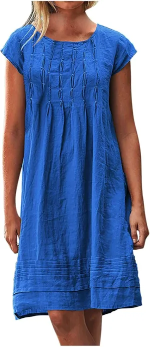DDAPJ pyju Womens Linen Dress Summer Casual Pleated Round Neck Short Sleeve Mini Dress Loose Beach Vacation Sundress