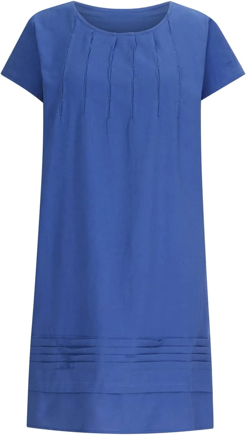 DDAPJ pyju Womens Linen Dress Summer Casual Pleated Round Neck Short Sleeve Mini Dress Loose Beach Vacation Sundress