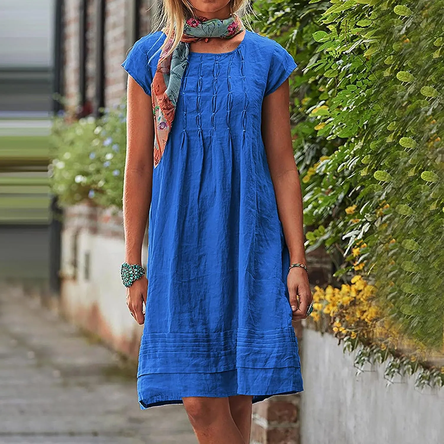 DDAPJ pyju Womens Linen Dress Summer Casual Pleated Round Neck Short Sleeve Mini Dress Loose Beach Vacation Sundress