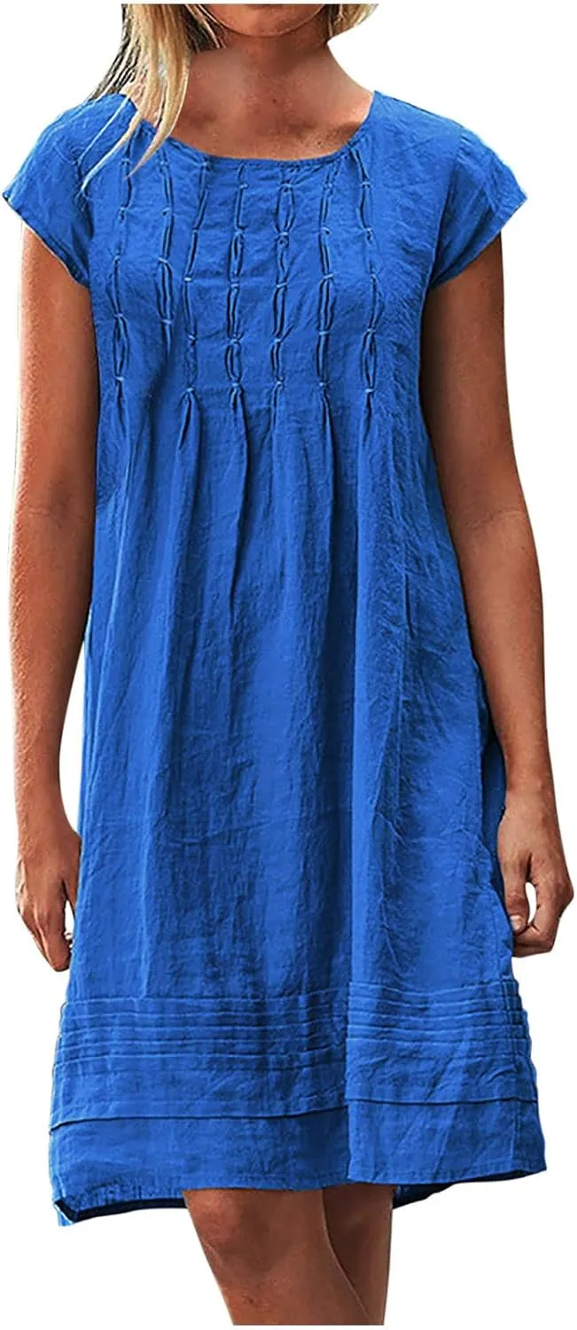 DDAPJ pyju Womens Linen Dress Summer Casual Pleated Round Neck Short Sleeve Mini Dress Loose Beach Vacation Sundress