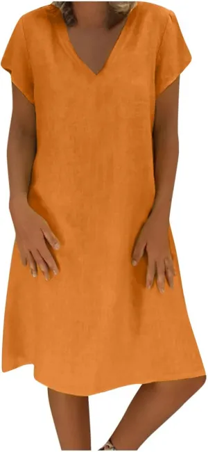 DDAPJ pyju Womens Linen Shirt Dress Plus Size Summer Casual Short Sleeve Beach Cover Up V Neck Mini Beach Sundresses