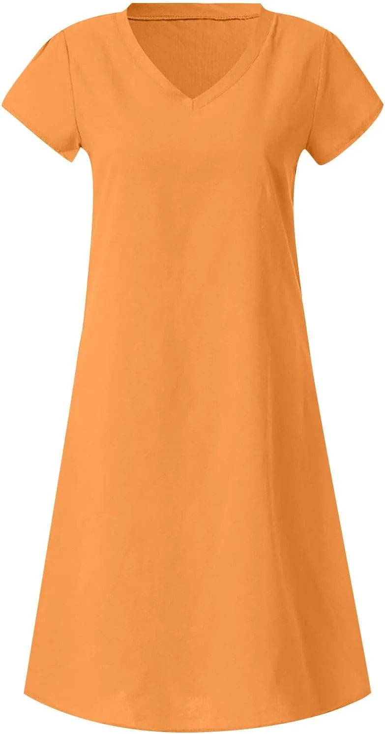 DDAPJ pyju Womens Linen Shirt Dress Plus Size Summer Casual Short Sleeve Beach Cover Up V Neck Mini Beach Sundresses