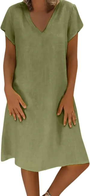 DDAPJ pyju Womens Linen Shirt Dress Plus Size Summer Casual Short Sleeve Beach Cover Up V Neck Mini Beach Sundresses