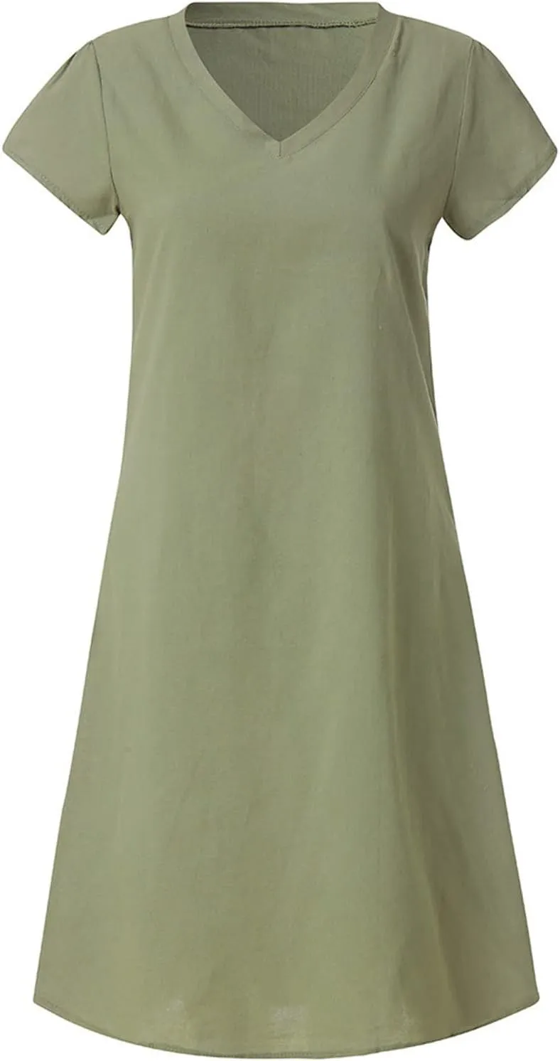 DDAPJ pyju Womens Linen Shirt Dress Plus Size Summer Casual Short Sleeve Beach Cover Up V Neck Mini Beach Sundresses