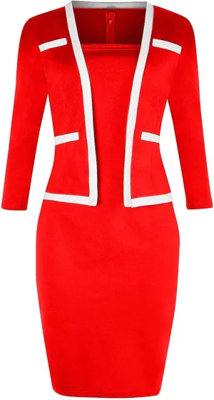 DDAPJ pyju Women's Plus Size Bodycon Midi Dresses Elegant 3/4 Sleeve Pencil Dress Colorblock 2 in 1 Suit Dress Wear to Work