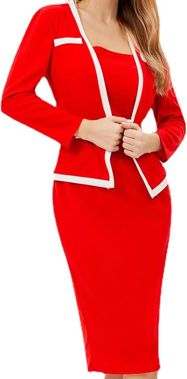 DDAPJ pyju Women's Plus Size Bodycon Midi Dresses Elegant 3/4 Sleeve Pencil Dress Colorblock 2 in 1 Suit Dress Wear to Work