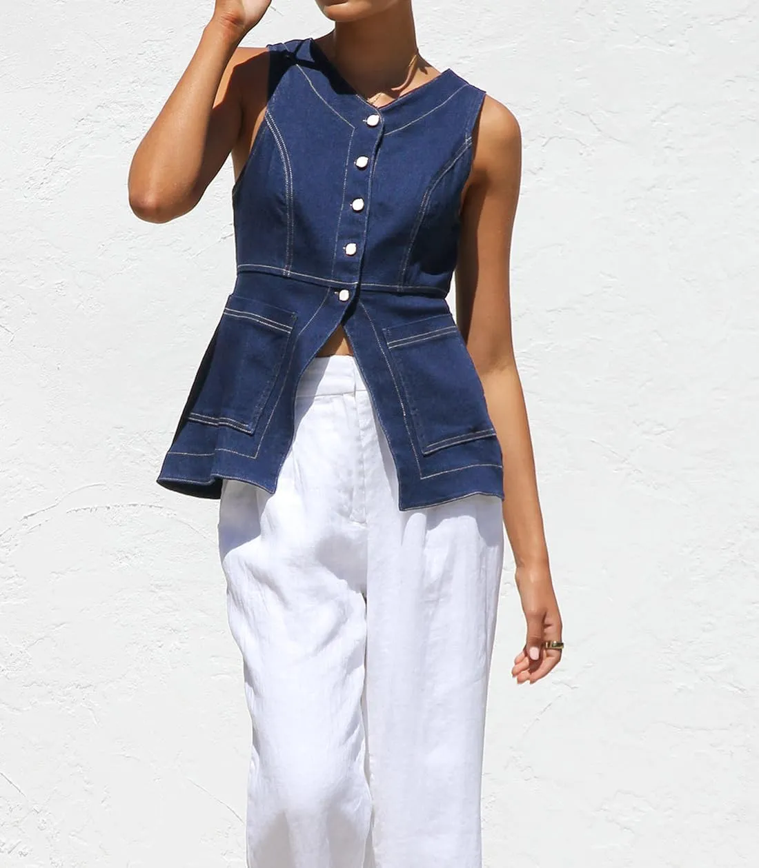 Denim Vest for Women Button Up Dressy Sleeveless Blazer Long Jean Vest Tank Top with Pockets
