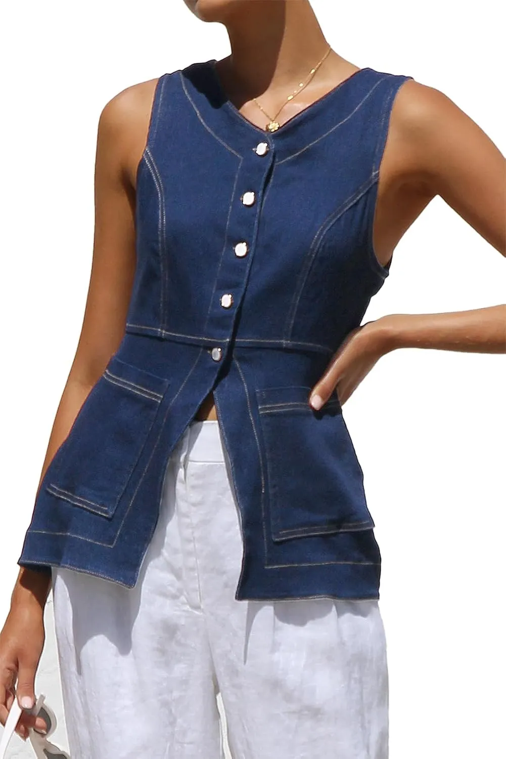 Denim Vest for Women Button Up Dressy Sleeveless Blazer Long Jean Vest Tank Top with Pockets