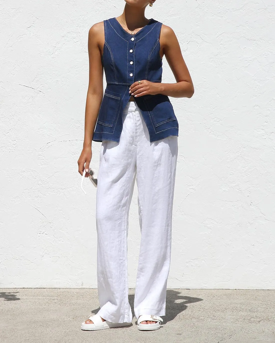 Denim Vest for Women Button Up Dressy Sleeveless Blazer Long Jean Vest Tank Top with Pockets