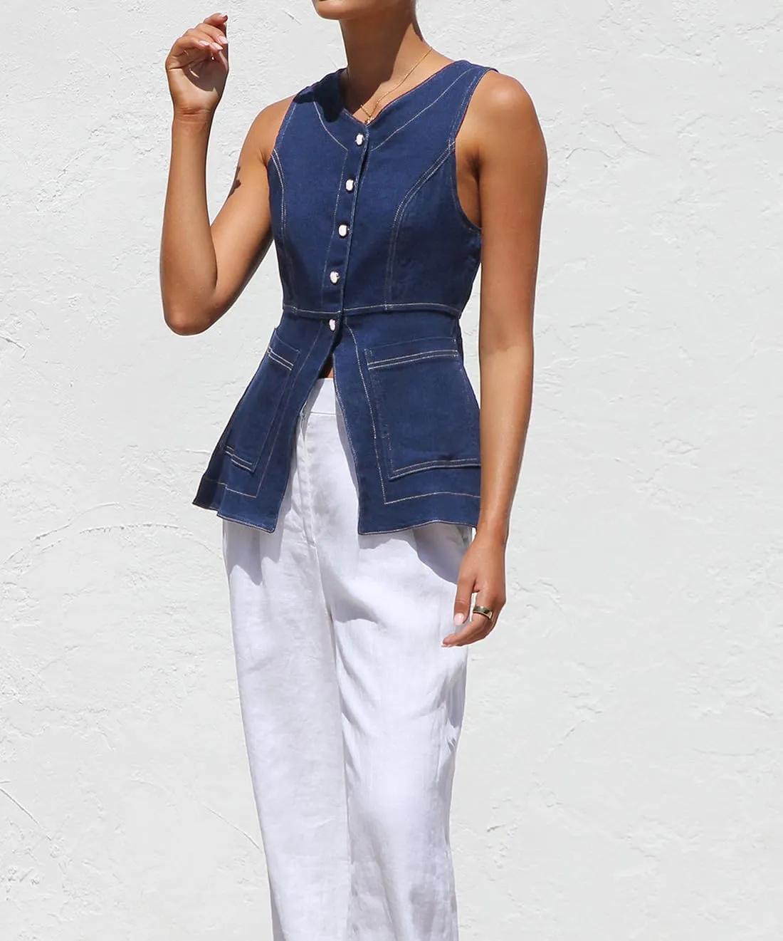 Denim Vest for Women Button Up Dressy Sleeveless Blazer Long Jean Vest Tank Top with Pockets