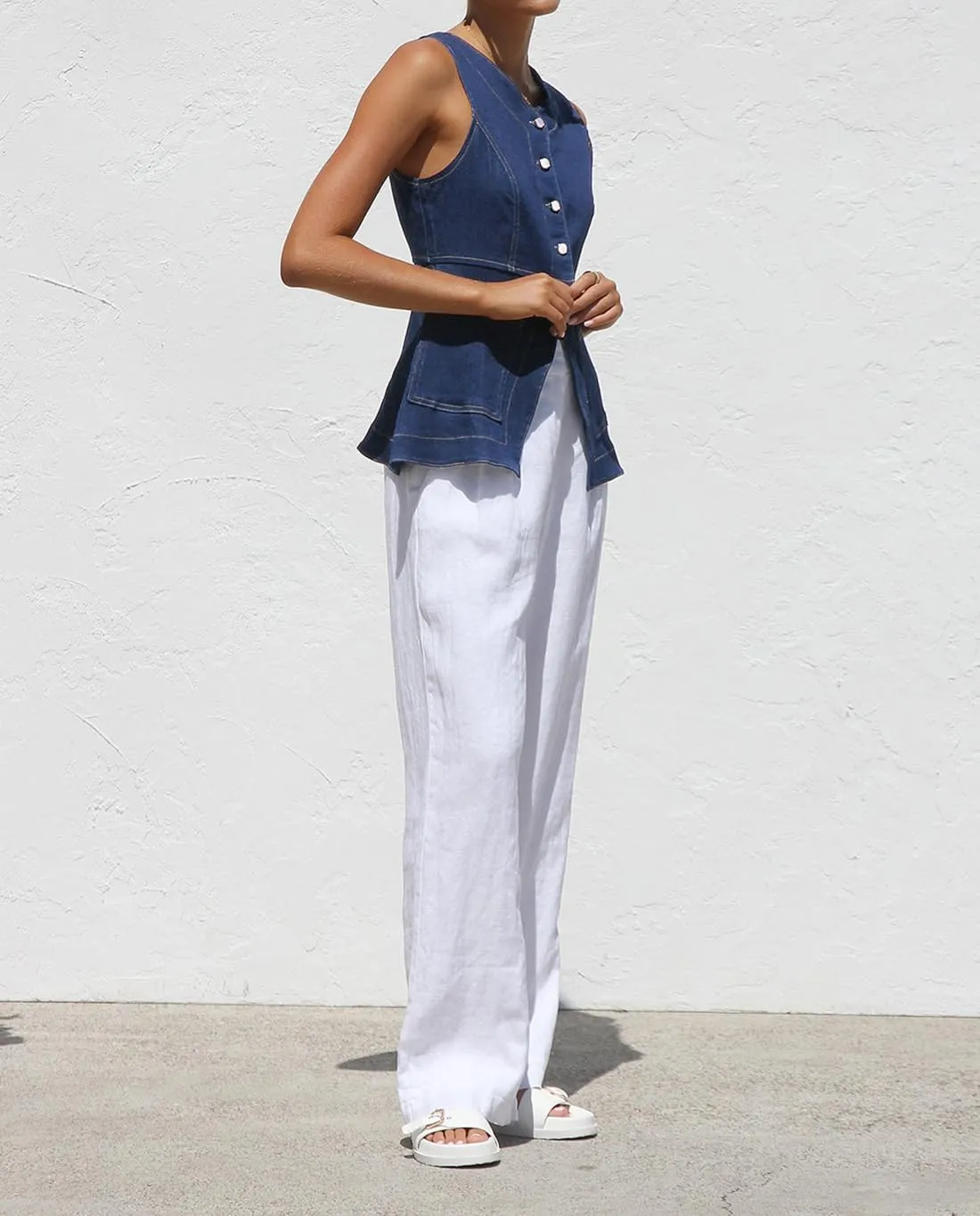 Denim Vest for Women Button Up Dressy Sleeveless Blazer Long Jean Vest Tank Top with Pockets