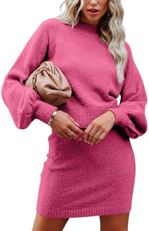 Dokotoo Women's 2 Piece Outfits Sweater Set Puff Long Sleeve Knit Cropped Top and Bodycon Skirt Dress