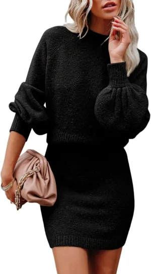 Dokotoo Women's 2 Piece Outfits Sweater Set Puff Long Sleeve Knit Cropped Top and Bodycon Skirt Dress