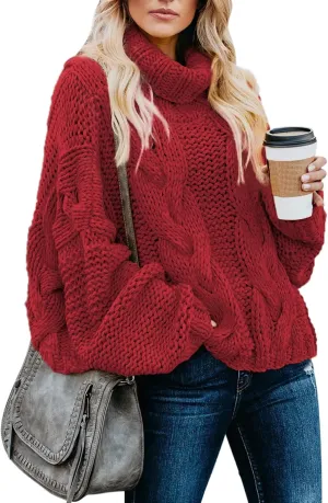 Dokotoo Womens 2024 Winter Fall Solid Turtleneck High Neck Balloon Long Sleeve Sweaters Pullover Outerwear