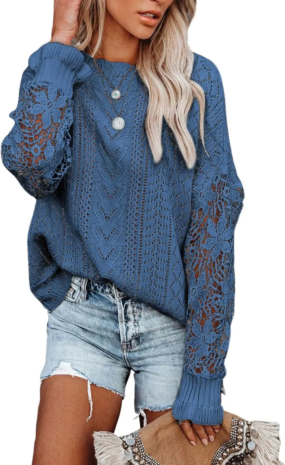 Dokotoo Womens Crewneck Crochet Lace Long Sleeve Hollow Out Cable Knit Sweaters Pullover Tops