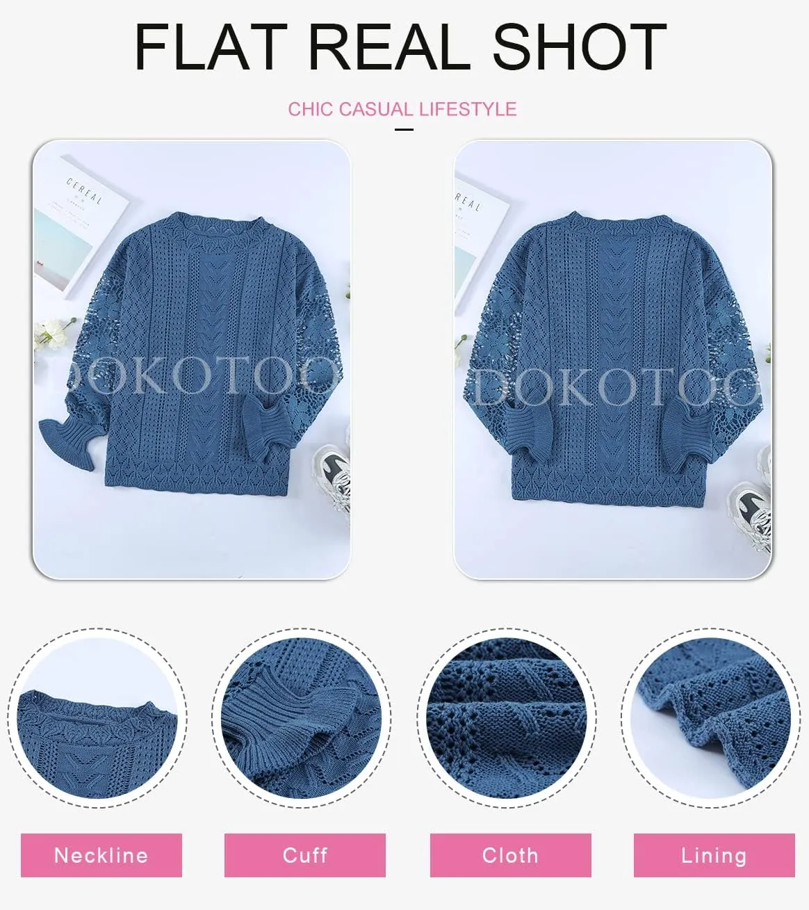 Dokotoo Womens Crewneck Crochet Lace Long Sleeve Hollow Out Cable Knit Sweaters Pullover Tops