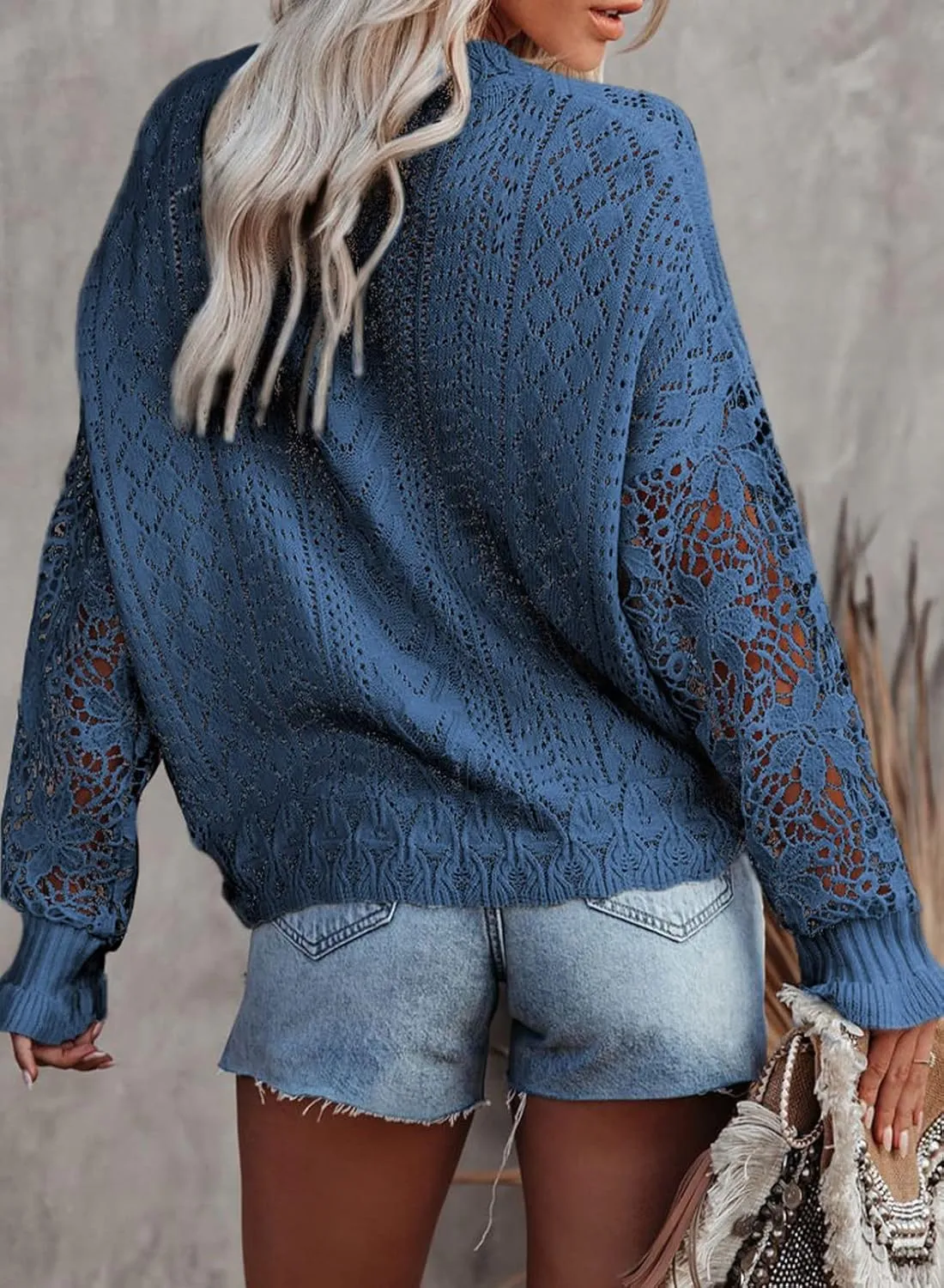 Dokotoo Womens Crewneck Crochet Lace Long Sleeve Hollow Out Cable Knit Sweaters Pullover Tops