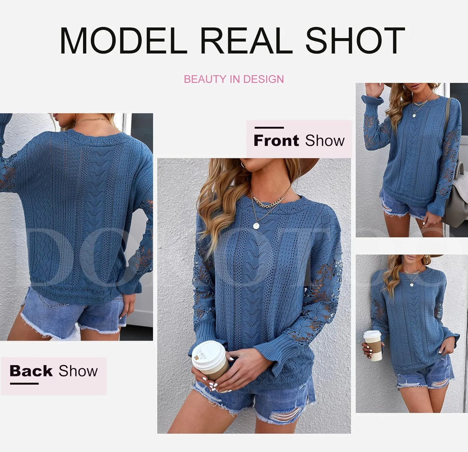 Dokotoo Womens Crewneck Crochet Lace Long Sleeve Hollow Out Cable Knit Sweaters Pullover Tops