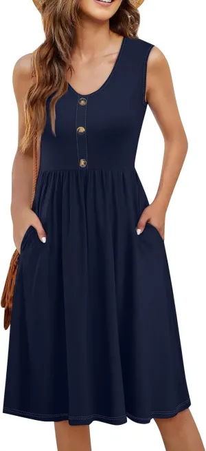 Dresses for Women 2025 Sleeveless V-Neck Button Mini Dress Solid Color Cocktail Party Dresses with Pocket