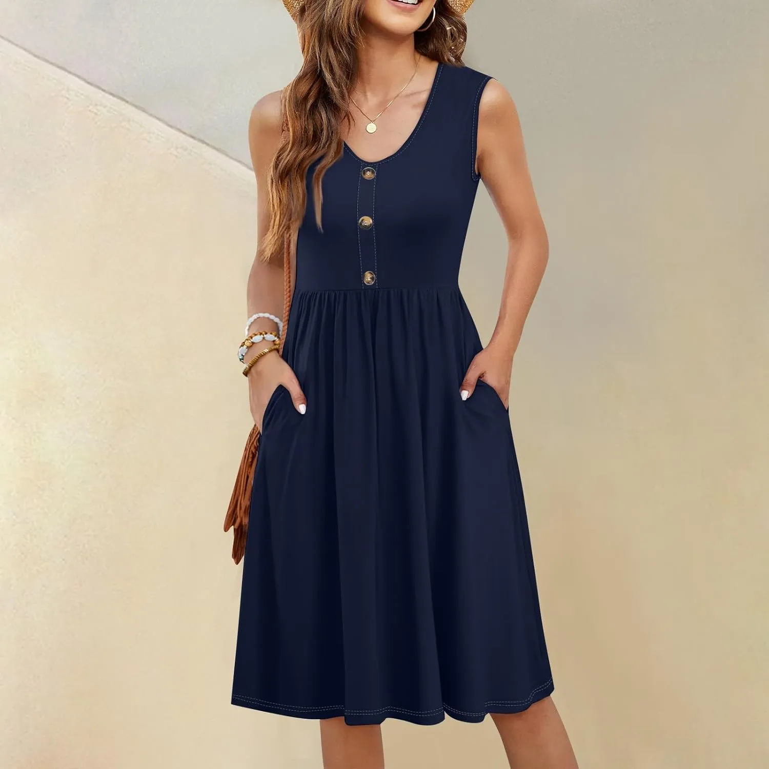 Dresses for Women 2025 Sleeveless V-Neck Button Mini Dress Solid Color Cocktail Party Dresses with Pocket