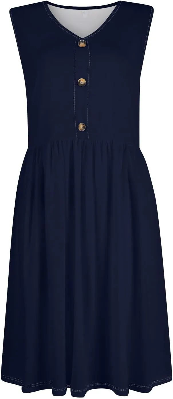 Dresses for Women 2025 Sleeveless V-Neck Button Mini Dress Solid Color Cocktail Party Dresses with Pocket