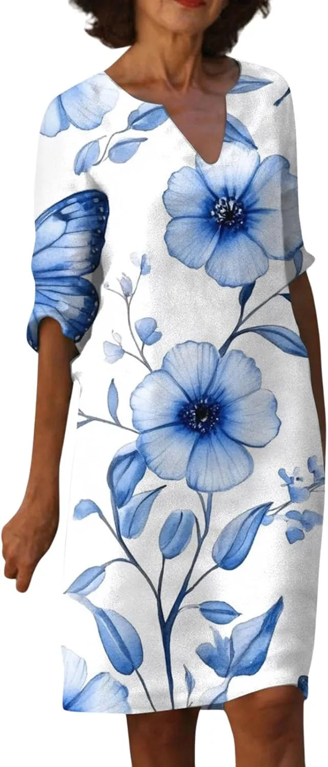 Dresses for Women Spring Cotton Linen V-Neck Floral Flare Midi Summer Dress Boho Floral Elegant Flowy Dresses