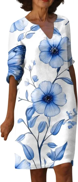 Dresses for Women Spring Cotton Linen V-Neck Floral Flare Midi Summer Dress Boho Floral Elegant Flowy Dresses