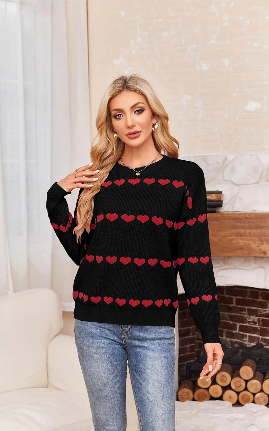 ECOWISH Women Valentine Heart Sweater V Neck Embroidery Knit Loose Casual Long Sleeve Ribbed Pullover Sweaters