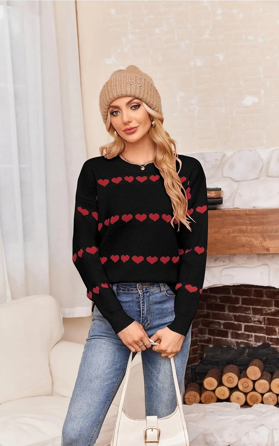 ECOWISH Women Valentine Heart Sweater V Neck Embroidery Knit Loose Casual Long Sleeve Ribbed Pullover Sweaters