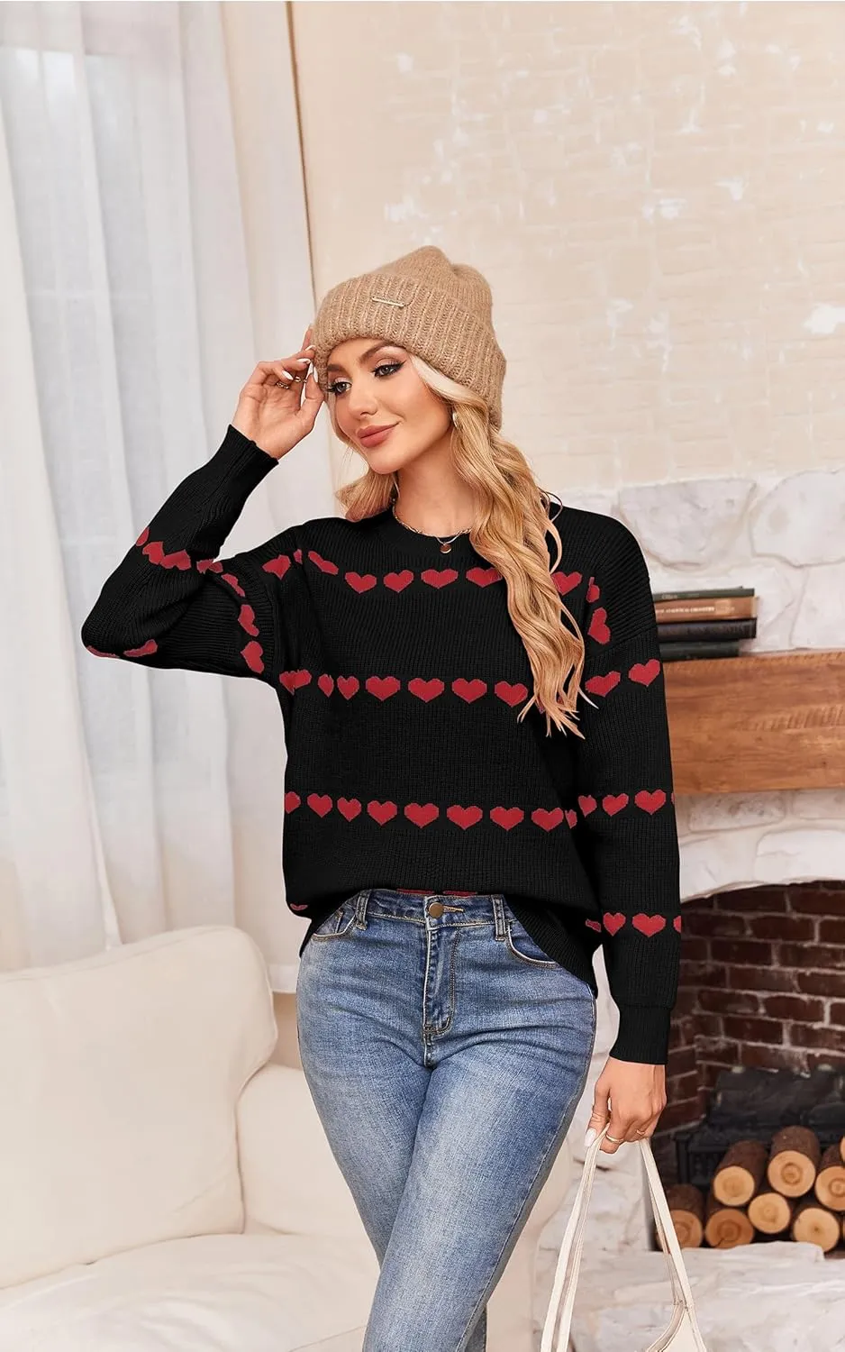 ECOWISH Women Valentine Heart Sweater V Neck Embroidery Knit Loose Casual Long Sleeve Ribbed Pullover Sweaters
