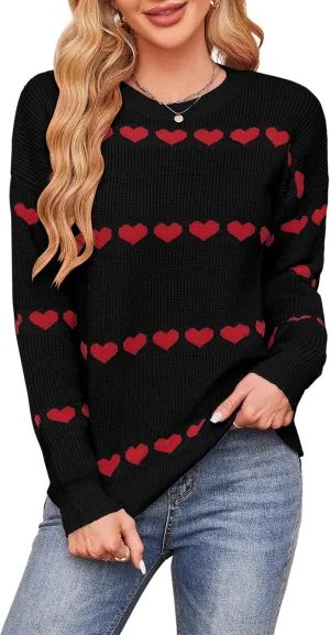 ECOWISH Women Valentine Heart Sweater V Neck Embroidery Knit Loose Casual Long Sleeve Ribbed Pullover Sweaters