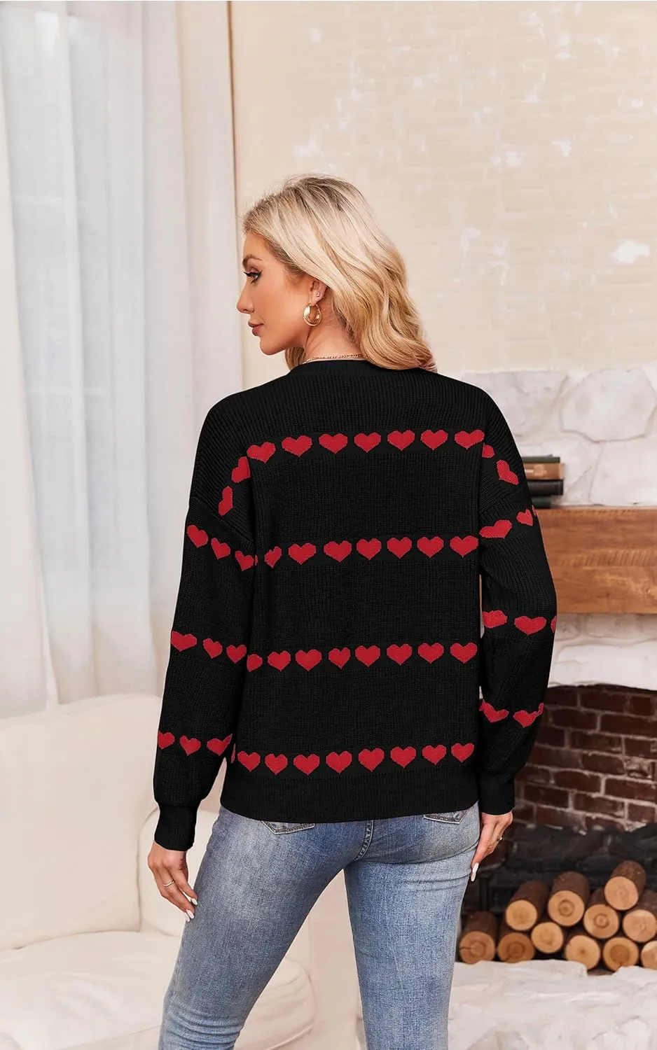 ECOWISH Women Valentine Heart Sweater V Neck Embroidery Knit Loose Casual Long Sleeve Ribbed Pullover Sweaters